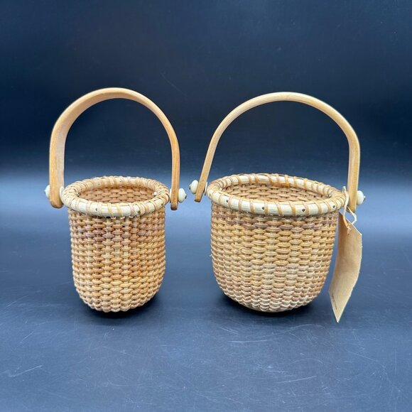 Vintage Nantucket Baskets Handcrafted Woven Swing Handle Set of 2 Boho Farmhouse - Picture 2 of 12